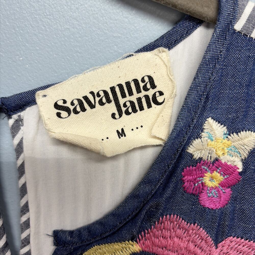 Savanna Jane Stripe Floral Embroidered Mini Dress Size Medium - Sleeveless Boho - Picture 2 of 6